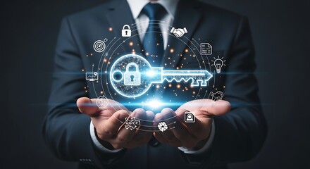 Businessman holding a glowing digital key with security icons.