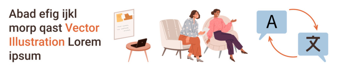 Obraz premium Communication, language learning, translation services, cross-cultural exchange, conversations, technology integration. Two women conversing with speech bubbles showing language symbols