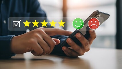 Person using smartphone to rate service with stars and emojis rating review