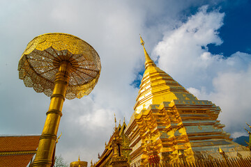 Golden pagoda Wat Phra That Doi Suthep buddhist temple on mountain sightseeing travel