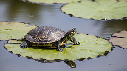 Obraz premium A red-eared slider turtle rests on a vibrant green lily pad floating on a clear pond's surface, basking in the sunlight
