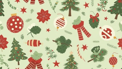 A festive Christmas-themed pattern with trees, ornaments, and holiday decorations on a green background.