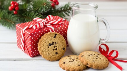 A glass of milk with cookies on a white wooden table with a red ribbon and a Christmas tree in the background.