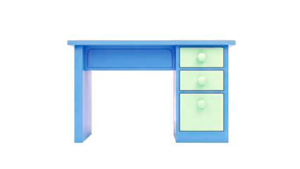Blue Desk with Green Drawers on White Background