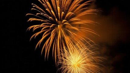 Spectacular golden fireworks display illuminating the night sky