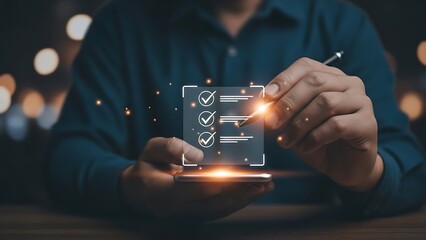 Person using stylus to check items on digital checklist on smartphone screen to do list task