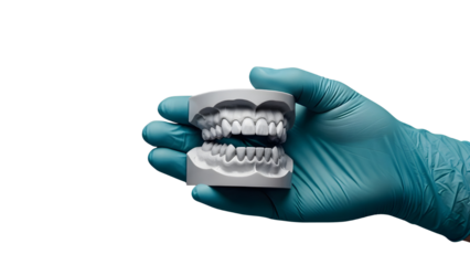 Teal Gloved Hand Holding Plaster Dental Jaw Model Cast on Isolated White Background