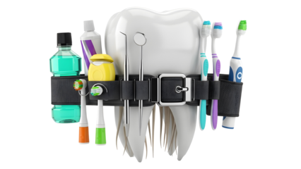 3D Render: Molar Tooth with Dental Care Tools and Hygiene Products Utility Belt Isolated