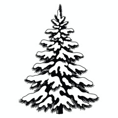 Black and White Snow. Covered Pine Tree Illustration. Winter Forest Silhouette for Holiday or Nature Themes