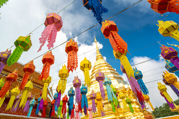 Golden pagoda Wat Phra That Doi Suthep buddhist temple on mountain sightseeing travel