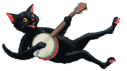 Vintage illustration of a lively black cat playing a banjo while reclining against a cutout