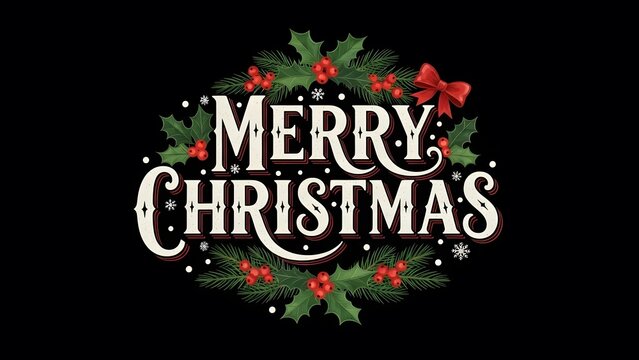 Merry christmas typography design with holly berries and pine branches wreath decoration