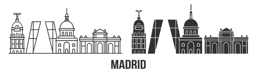 Madrid city landmark icon set with historic architecture, palace and gate elements in clean line and solid styles on transparent background
