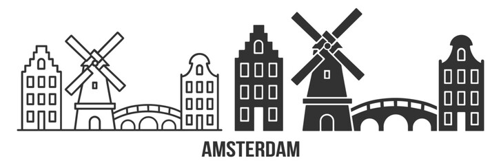 Amsterdam skyline with traditional houses, windmill, canal bridge and urban cityscape illustration, minimal linear vector design on transparent background © Polyak Tata