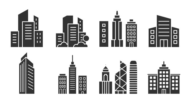 Modern city skyscraper building icon set, urban skyline architecture collection with office towers and highrise business blocks on transparent background