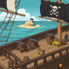 Obraz premium A cartoon illustration of a pirate ship's deck with cannons, treasure chests, and barrels, sailing towards a small island with a pirate flag under a blue sky.
