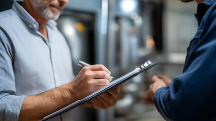 Faceless consultants hands with clipboard advising energy systems schematics review recommendation efficiency upgrades evaluation client consultation technical industrial