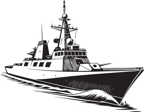 Naval destroyer ship, War, Military and Warfare Hand-drawn Sketch Drawing Vector Illustration, Line Linear Symbol Engraving Coloring Book, Black and White Isolated