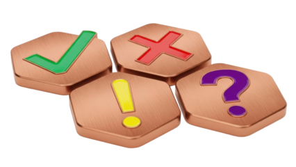 Isolated Copper-Colored Game Pieces depicting a Checkmark, Exclamation, Question Mark, and Ex