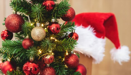 Obraz premium Festive Christmas Tree with Red and Gold Ornaments and Santa Hat Decoration. Ai Generated Images