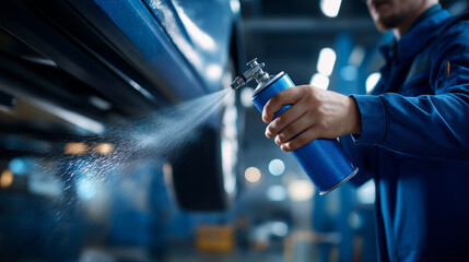 Faceless mechanic hands spraying car underbody vehicle raised on lift anti corrosion treatment automotive maintenance service protective coating application defocused workshop