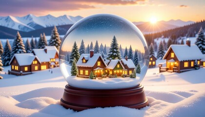 Dreamlike Winter Scene Snow Globe with Charming Cabin and Mountain View. Ai Generated Images