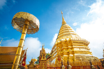 Golden pagoda Wat Phra That Doi Suthep buddhist temple on mountain sightseeing travel