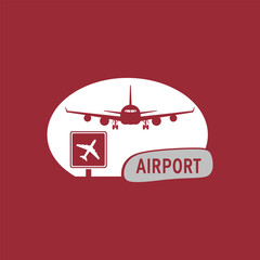 Front View of Airplane Landing with Airport Sign, Red Background Aviation Graphic for Travel and Transport Themes