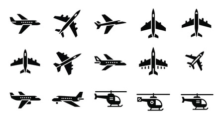 Set of 15 Black Aircraft and Helicopter Icons. Silhouettes of Jets, Passenger Planes, and Emergency Helicopters on White Background