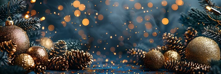 Panoramic Festive Christmas Ornaments and Pinecones Sparkle with Soft Bokeh Lights in a Dark Blue Atmosphere