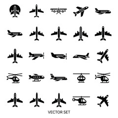 Vector Set of 25 Black Aircraft Silhouettes, Includes Commercial Jets, Military Planes, Helicopters in Various Views on White Background