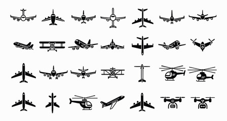 25 Black Aircraft Silhouettes on White, Includes Commercial Planes, Military Jets, Helicopters, Biplanes, and Drones in Diverse Angles