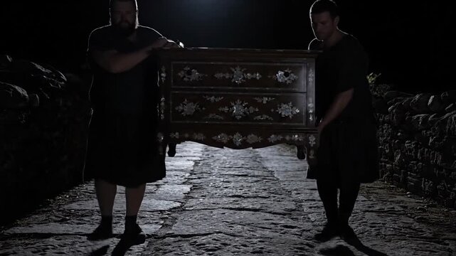 Two people carrying antique chest on bridge at night, shadows, outdoors.