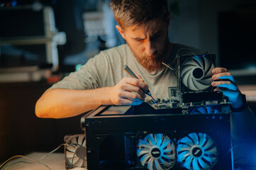 Hardware engineer technology maintenance. Computer chip electronic repair. Man technician pc service flat lay