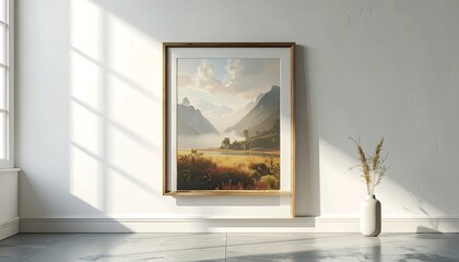 Serene Mountain Landscape Painting in Sunlight.
