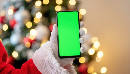 Festive Santa Claus Holding Smartphone with Green Screen Display Mockup. Ai Generated Images