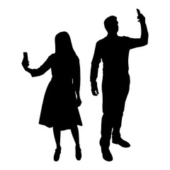 Silhouette of man and woman with mobile phone. Vector illustration.