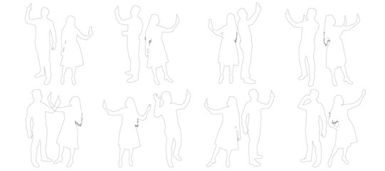 Contours of man and woman with mobile phone, set. Vector illustration.