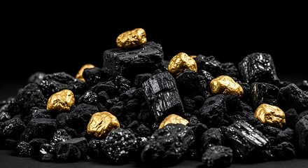 Gold nuggets on a pile of coal against a dark background.
