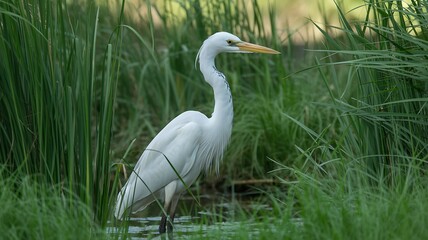 Fototapeta premium serene white heron bird standing in lush green grass picture