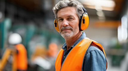 Faceless middle aged worker in safety vest and protective earmuffs industrial setting professional serious work expression manufacturing environment workplace safety equipment