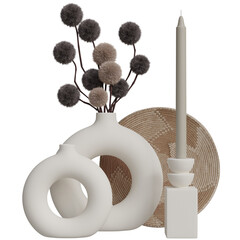 Decorative vases and candle on woven tray with pom pom branches for modern home aesthetics