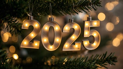 2025 new year celebration ornament hanging on christmas tree with lights