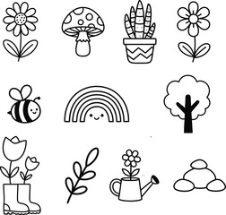 Obraz premium Charming Set of Hand-Drawn Nature Elements for Kids Cute Doodle Icons, Spring Flowers, Bee, Rainbow, Tree, and Garden Illustrations for Coloring Pages and Simple Designs