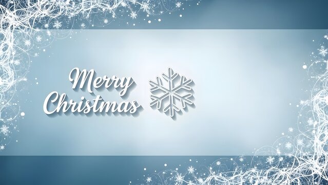 Merry christmas greeting with snowflake design on a blue gradient background with white frosty borders and falling snow effect - Powered by Adobe