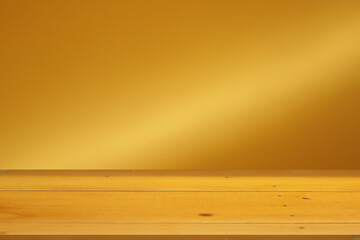 Wooden table surface separated, blurred background, golden curtain stage
