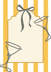 poster template without text with yellow stripes in the background, rectangular frame for text and martini bow in line art style