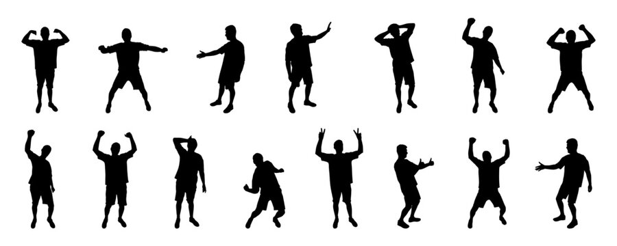 Silhouettes of men a set celebrating, cheering, and expressing joy with various poses. Vector illustration