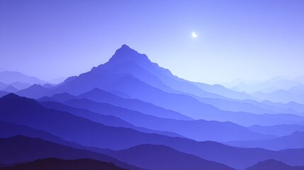 Naklejka premium Serene blue mountain range with crescent moon in clear sky. Landscape for background, travel, graphic design, and nature concept.