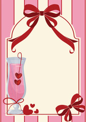 poster template without text with pink stripes in the background, rectangular frame for text, red bow and pink cocktail in a tall glass, Valentine's Day design